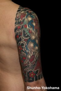 和彫り 手彫り 刺青 タトゥー tattoo 横浜 俊宝 麒麟 kirin 桜 桜吹雪 入れ墨